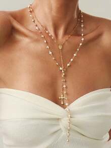 2pcs Y-Shaped Necklace Set, Fashionable Minimalist Elegant Retro Design, Includes Faux Pearl, Tassel Pendant, Y-Shaped Necklace, Suitable For Vacation, Party, Daily Wear, Gift - Gold - View 4