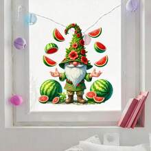 1pc Summer-Themed Green Gnome Window Stickers, With Green And Red Watermelon And Gnome Pattern Design Stickers, Perfect For Decorating Glass Surfaces And Refrigerators, Self-Adhesive Removable PVC Window Stickers Are Ideal For Home, Office, And Party - A - View 2
