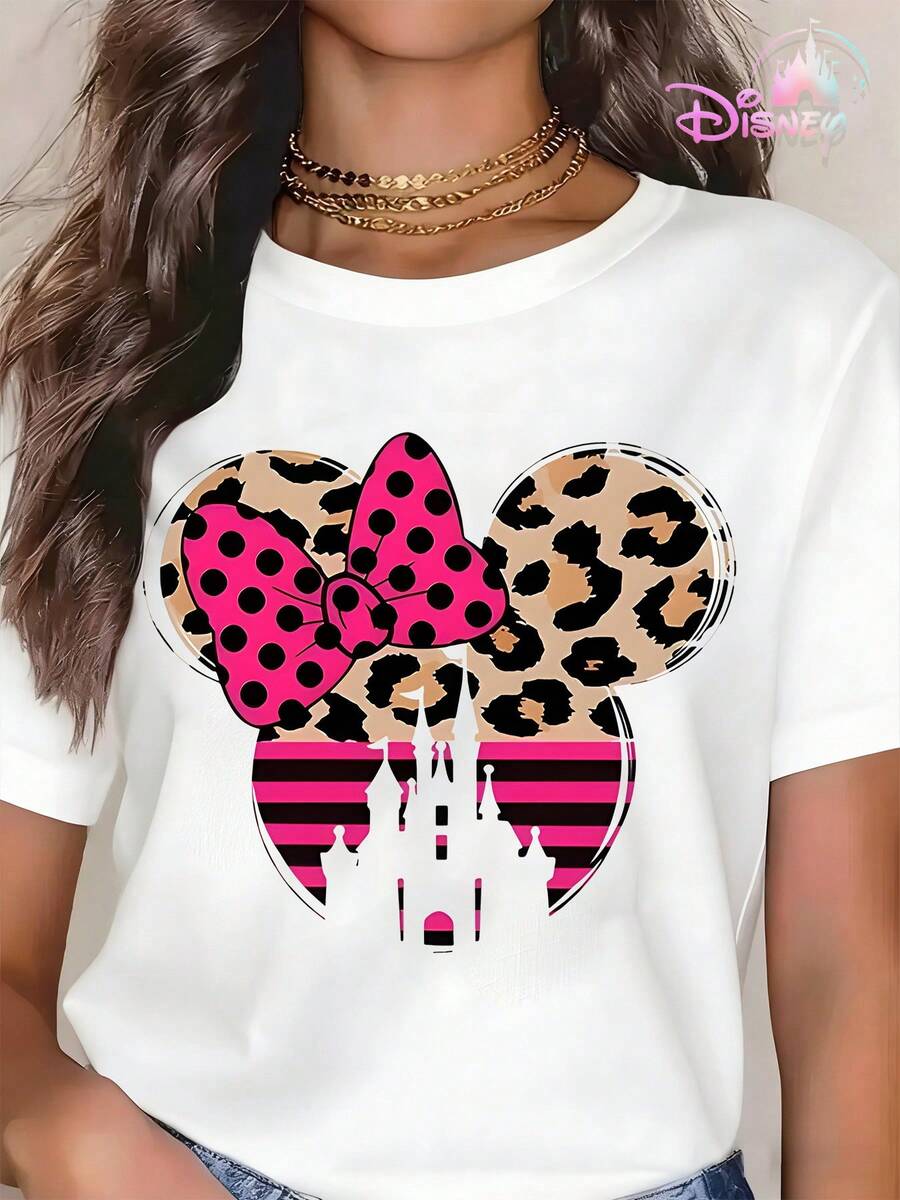Disney Minnie Mouse Leopard Print Mickey Ears Castle Graphic T-Shirt, Retro Minnie Pink Bow Oversized Tee For Women - White - View 1