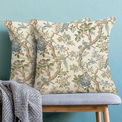 2件套中式枕套，蓝绿色花鸟图案，靠垫套，户外装饰，复古花卉装饰枕套，亚麻靠垫套，家用沙发，单面（不含枕芯）