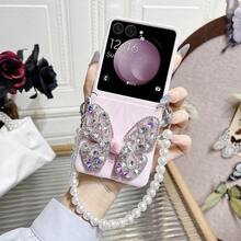 keshengtai PU Leather Ripple Rhinestone Butterfly Phone Case With 1pc Pearl Bracelet, Hard PC Back Cover Protective Case For Samsung Galaxy Z Flip7, Z Flip7FE, Z Flip6, Z Flip5, Galaxy Z Flip4, Galaxy Z Flip3 - Pink - View 3