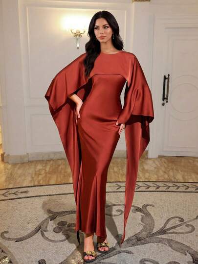 Elegant Brown Sleeveless Round Neck Satin Flowy Shawl Design Dress