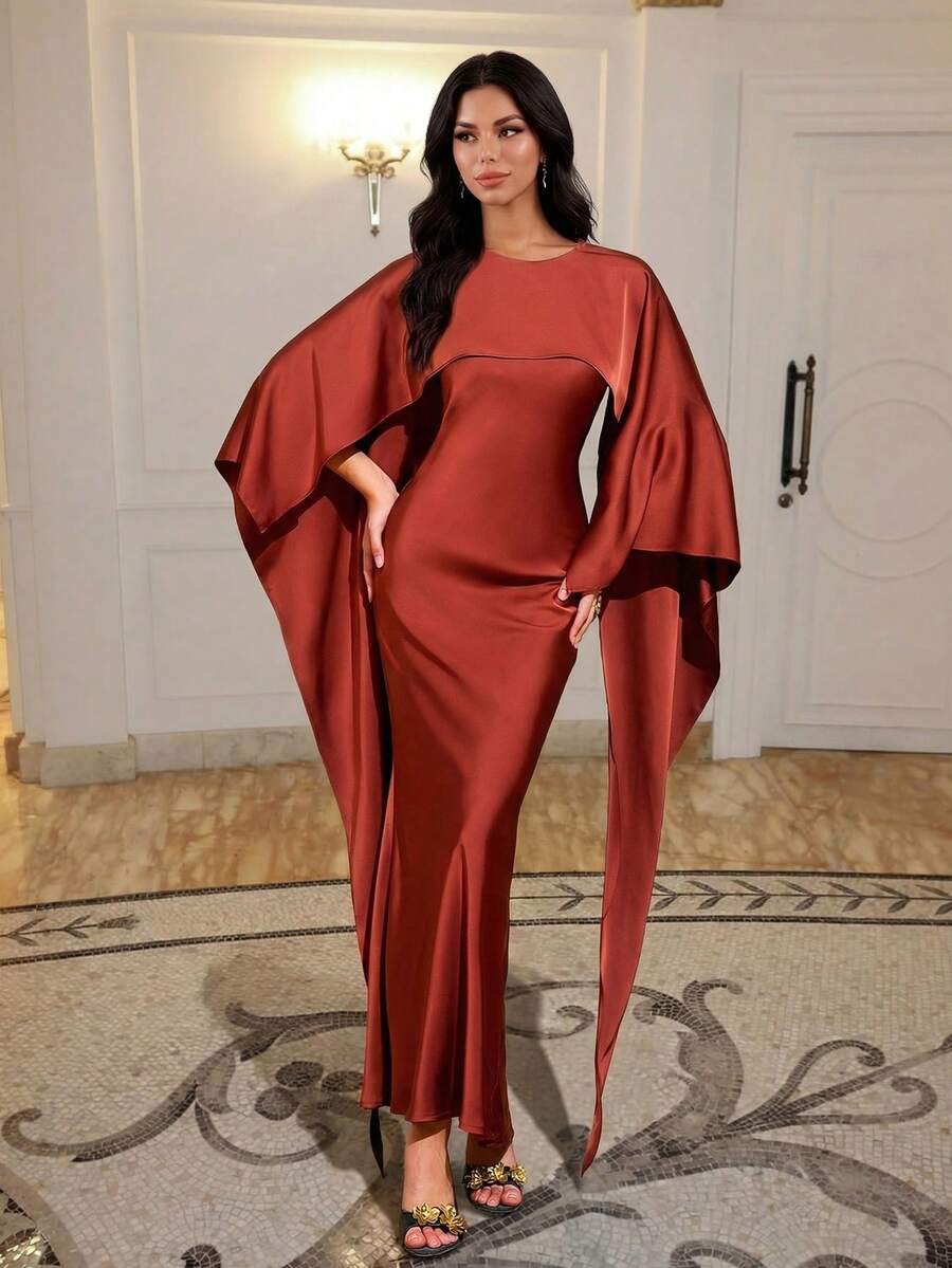 Đầm satin màu nâu thanh lịch không tay, cổ tròn, dáng suông, thiết kế kiểu khăn choàng. - màu nâu - Xem 1