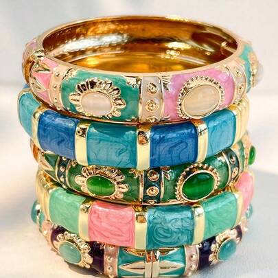 1pc Teal Enamel Alloy Bangle Bracelet, Handmade Oxidized Metal Cuff Bracelet For Women