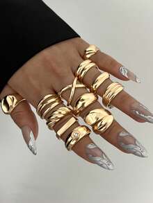 20/15/12/6pcs Vintage, Elegant Multi-Piece Stackable Rings, Fashion Minimalist Sophisticated Retro Design With Elements Like Geometric, Floral, Faux Pearl, Rhinestone, Hollow, Cross, Wave, Heart, Textured, Smooth, Oversized, Suitable For Holiday, Party, Daily Wear - Yellow Gold - View 3