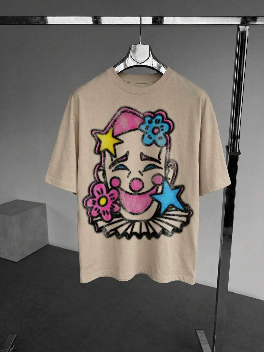 FRACTYR Men's Graphic Tee, Casual Street Style, Loose Fit Round Neck Pattern T-Shirt, Summer - Apricot - View 1