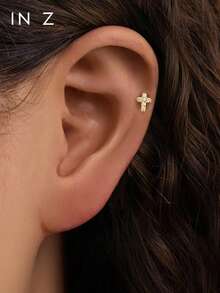 IN Z 1件装925纯银镶嵌十字架平底唇钉 | 精致耳钉 | 可叠戴耳环 | 十字架耳环 | 925纯银饰品 | 适合女性日常佩戴 | 单件出售（非一对） - 多色 - 查看 6