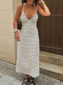 PoPoHouse Women's Black And White Striped Thin Shoulder Strap Backless Pleated Chest Casual Dress Versatile For Spring Vacation And Summer Holiday Outfits Brunch Date Night Beach Outfits - Black and White - View 1