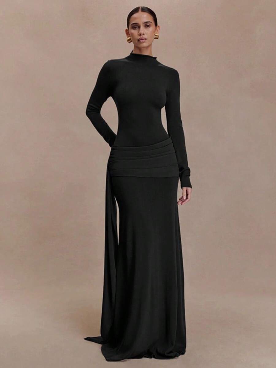 Spring And Summer New High-End Women's Clothing Celebrity Style Solid Color Turtleneck Long-Sleeved Streamer Pleated Hip-Wrapped Temperament Dress Skirt - Black - View 1
