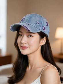 1顶棒球帽，女士时尚做旧牛仔帽，百搭高低帽设计，复古时尚后扣帽，男女皆宜的休闲礼物，适合春秋季佩戴 - 破洞牛仔棒球帽 - 查看 3