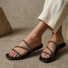 Set Of 2 Pairs Of Women's Flat Sandals With 3 Straps, Colorful Rhinestone Glitter, Comfortable, Soft, Lightweight, Square Toe. - Black/Cream - View 2