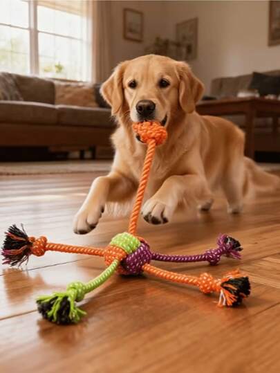 这款耐用且耐咬的互动绳索玩具专为狗狗设计——色彩鲜艳的耐咬绳索，饰有绿色和橙色流苏，非常适合户外活动和牙齿护理，也是送给爱犬的绝佳新年礼物。
