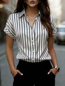 Blusa de gasa de manga corta con botones y rayas para mujer, ajuste regular para verano - Blanco y Negro - Ver 4