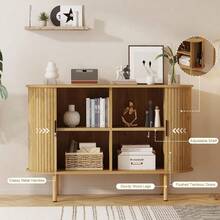 Aparador Con Puertas Correderas de Cierre Suave y Tiradores, Aparador Moderno, Amplio Espacio de Almacenamiento con Estantes Ajustables, para Salón, Entrada o Pasillo - Mango dorado de roble salvaje - Ver 3