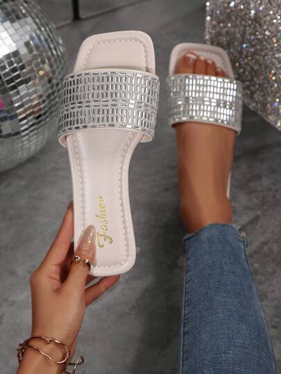 Plus Size Women's Casual Faux Pearl & Rhinestone Embellished Slide Sandals, Elegant Solid Color Strap Beach Slippers
