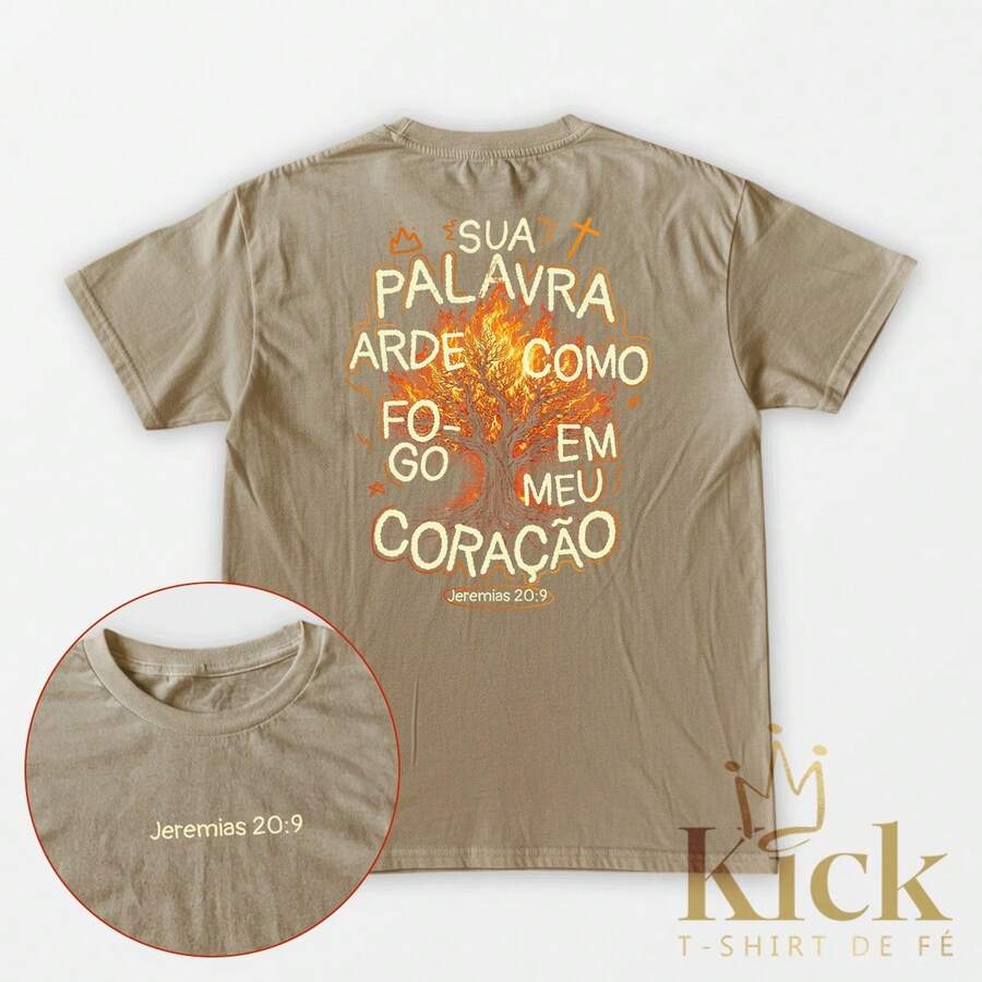 Camiseta Cristã "Jeremias 20:9" T-Shirt Unissex Estilo Religiosa Casual em Algodão Estampa Premium - Bege - Visão 1