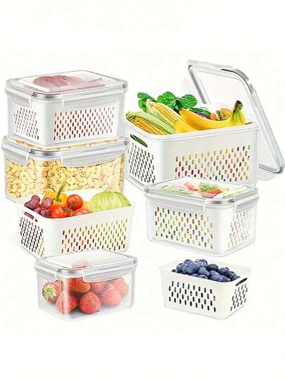 1/6 套装，包含 3 个带盖食品储物盒 + 3 个滤网，多用途防漏可重复使用食品储物盒，双层密封食品容器，适用于肉类、谷物、水果和蔬菜，厨房收纳，易于清洁，可堆叠冰箱收纳架，带沥水篮