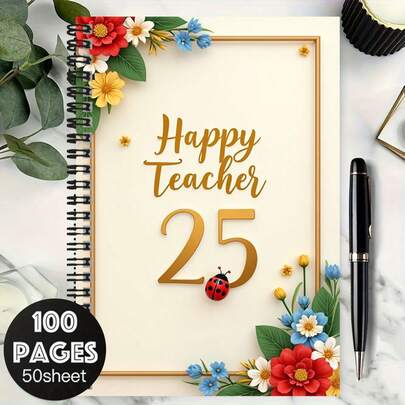 Cahier à spirale commémoratif pour la Journée des enseignants, 25e anniversaire, avec des bordures florales raffinées, un texte doré et de charmants accents de coccinelle. 100 pages haute capacité, idéal pour le travail, les études, le journal intime, la planification et les notes. Un cadeau idéal pour la remise des diplômes, l'anniversaire et d'autres occasions.