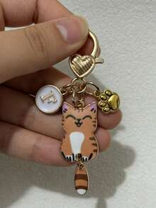 Customized Initial Cat Paw & Heart Keychain, Gold Heart Charm, Cat Paw Pendant, Gift For Girls - Khaki Cat + Paw Print Heart-shaped Buckle - View 10