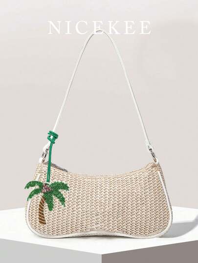 Fashionable, Personalized, Lightweight Shoulder Bag, Niche Design, Versatile Armpit Bag For Daily Use, Coconut Tree Pendant, Vacation Style Woven Bag, Suitable For Shopping, Traveling, Beach, Daily Outings