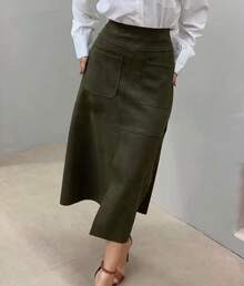 WOMEN'S SUEDE SKIRT WITH ZIPPER AND POCKET. STYLE AND ELEGANCE. - 軍綠色 - 查看 6