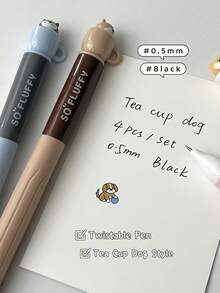4pcs Rotating Teacup Puppy Pen, Creative Gel Pen, Black Ink Quick Dry, Cute Cartoon Decompression Pen For Children As A Gift, Practicing Handwriting, Journaling - Multicolor - View 5