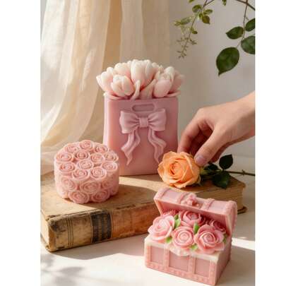 玫瑰花造型蜡烛硅胶模具 - 礼盒花束手提包圆柱花球 - 3D立体浮雕 - 适用于手工皂、石膏树脂 - DIY蜡烛杯装饰 - 推荐用于情人节、生日礼物 - 家居婚礼装饰模具