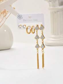 6pcs/Set European And American Fashionable Stainless Steel Geometric Fan-Shaped Long Tassel Earrings, Versatile Daily Wear Earring Set For Women - Multicolor - View 5