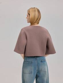 圆领短款纽扣针织开衫 - 卡其色 - 查看 2