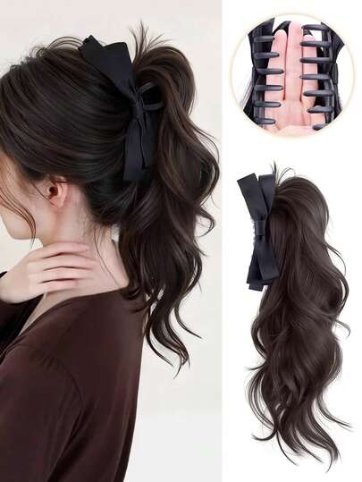 Satin Bow Hair Clip Ponytail Decor, Thin Fluffy Curly Ponytail For Date, Party, Everyday Wear Fashion Hair Accessories Beauty Claw Clips Casual Hair Claw,Synthetic Ponytail