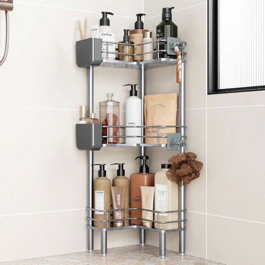 4 Tier Floor Standing Corner Shower Caddy Organizer With Toothbrush Holder, Large Spacing Floor Shower Shelf Rack Storage Stands With Hooks For Bathroom Kitchen, Black - Sliver - 查看 1