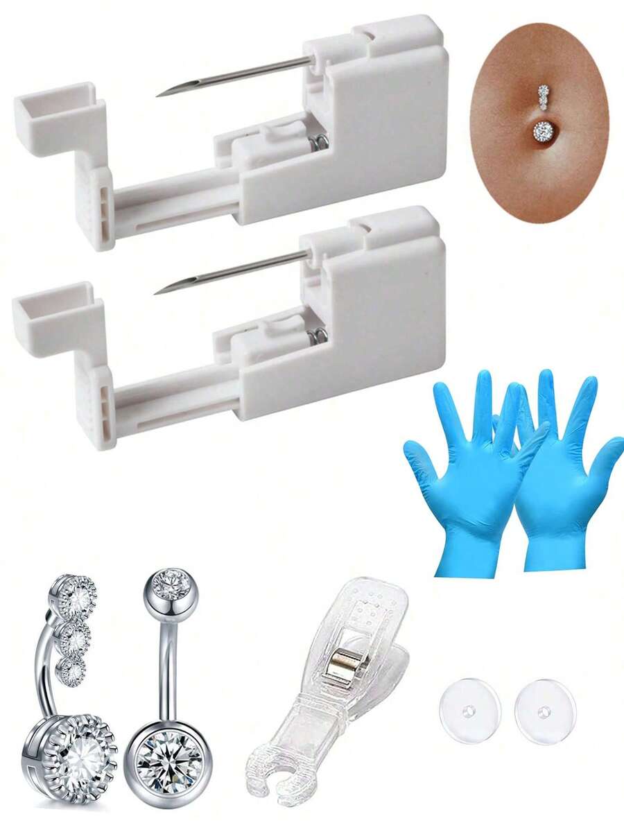 Juego de 9 piezas/sets de perforación de ombligo, kit de pistola de perforación corporal, anillos de ombligo, herramientas de aguja de perforación corporal para mujeres y hombres - Blanco - Ver 1