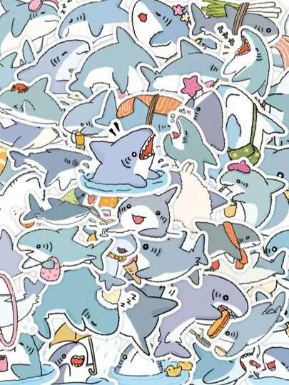 50张可爱卡通鲨鱼贴纸，适合男孩、女孩、儿童和青少年，可用于水瓶、笔记本电脑、水杯、电脑、自行车、笔记本、平板电脑和其他表面，手工制作的海洋动物装饰贴纸，趣味笔记本电脑和手机贴纸，剪贴簿用品，文具趣味贴纸，Kindle