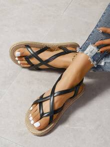 Nuevas sandalias de playa planas minimalistas de moda para el verano, para mujeres - Negro - Ver 3