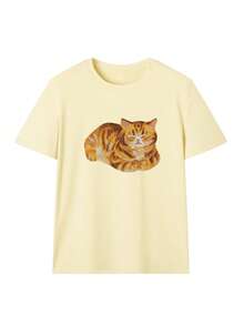 夏季新款休闲懒猫印花圆领短袖T恤，时尚百搭女式上衣 - 黃色 - 查看 3