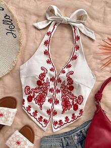 Winter And Summer Apricot Base Black Floral Embroidered Halter Backless Bowknot Cropped Top, Suitable Music Festivals Embroidered Top Western Top Halter Top Bandana Top Boho Top New Year Clothes Party Women Beach Elegant Tops Women Formal Floral Dress - 杏 - 查看 6