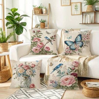 4PCS Retro Floral Design Zipper Pillowcase - Double-Sided Polyester, Printed Pattern, Perfect For Decorating Your Living Room, Bedroom, And Sofa (Excluding Pillow Core)
