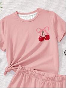 Girls 2 Piece Summer Outfit Cherry Bow Graphic Tee & Shorts Set Cute Casual Outfits - Pink - View 4