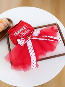 宠物连衣裙一件装，可爱浪漫的薄纱裙套装，适合小型犬猫，心形蝴蝶结设计，妈妈的小情人 - 紅色 - 查看 12