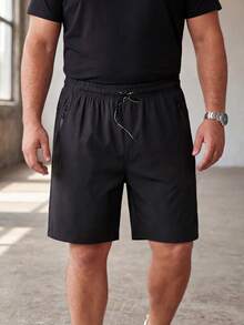 Pantalones cortos para hombre de talla grande, pantalones de pierna recta elástica de 5 pulgadas para verano, unicolor, bolsillos con cremallera, cordón, ligeros, para deportes, correr y fitness - Negro - Ver 4