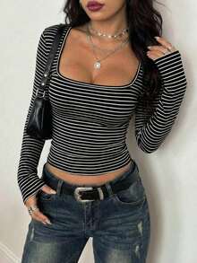 Women's Casual Stretchy Slim Fit Striped Patchwork Square Neck Long Sleeve T-Shirt, Suitable For Spring/Summer Daily Wear, Daily Apparel, Long Sleeve Top, Casual Daily, Holiday Vacation - Black and White - View 7