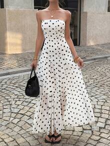 Unadoll 女士春夏优雅无肩带波点收腰喇叭下摆白色长裙复古派对婚礼宾客装扮 - 白色 - 查看 8