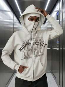 Oversized, langärmeliger Balaclava, Gesichts- und Kopfbedeckung, Leopardenmuster, Damen Doppelkapuzen Reißverschluss-Hoodie mit Tasche, Fleece und Wärme - Hellgrau - Übersicht 1