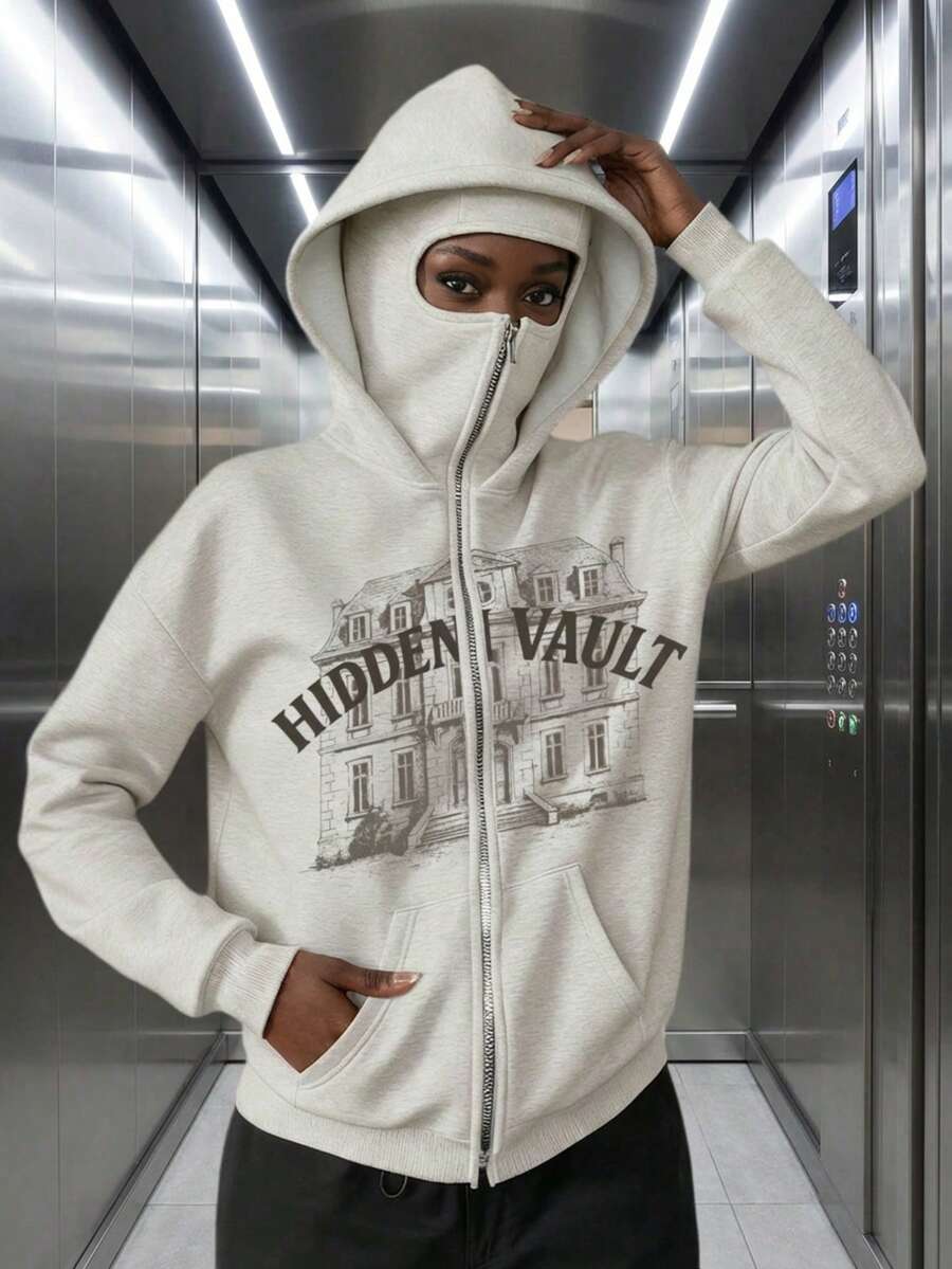 Oversized, langärmeliger Balaclava, Gesichts- und Kopfbedeckung, Leopardenmuster, Damen Doppelkapuzen Reißverschluss-Hoodie mit Tasche, Fleece und Wärme - Hellgrau - Übersicht 1