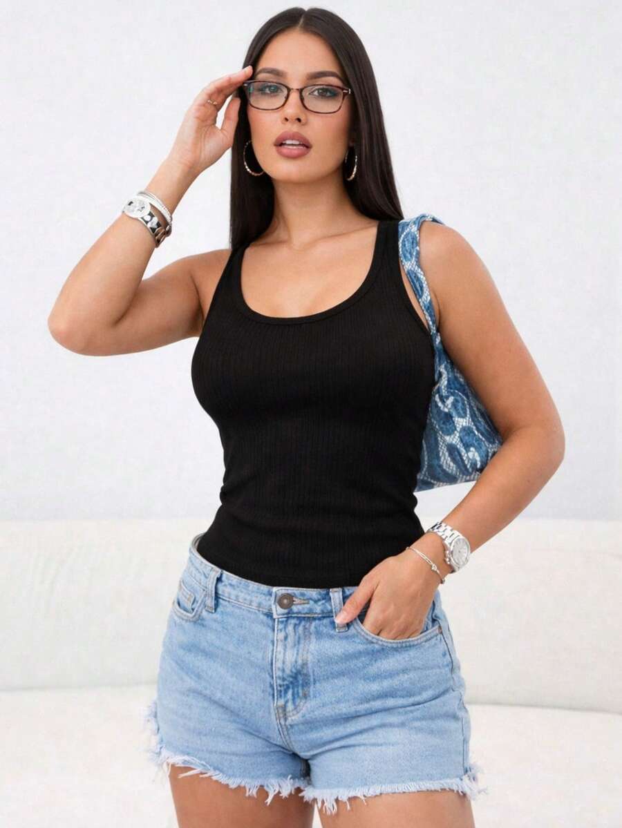 Women's Basic Ribbed Tank Top - Black - View 1