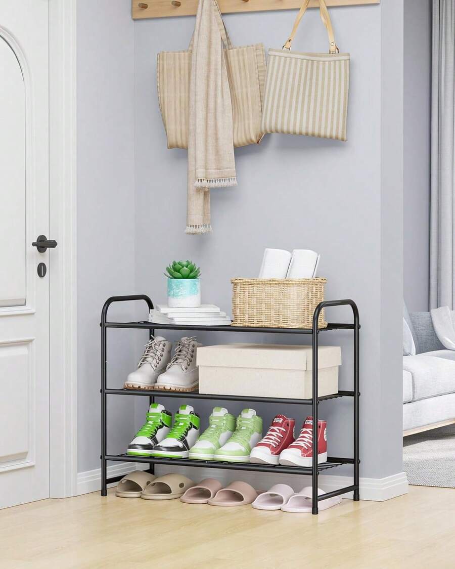 Shoe Rack - Stainless Steel Shoe Organizer, Sturdy Shoe Rack For Closet And Front Door Entrance, Free Standing Shoe Shelf, Closet Organizers And Storage, 25.6" Wide - 3 Tier, Black - 黑色 - 查看 1