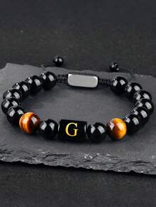 1条流行海外天然石男士编织手链，不锈钢26字母，黑曜石，虎眼石串珠腕带 - 手鍊 - 查看 7