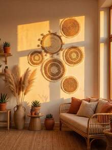 1件/6件装波西米亚风编织墙饰，圆形编织篮墙饰艺术品，美观的家居装饰，中性色纹理悬挂装饰，农舍和北欧风格墙饰，适用于客厅、卧室、餐厅、门厅、走廊、公寓空间，营造温馨舒适的室内氛围，适用于沙发背景墙、电视墙、置物架和照片背景布局，简约而富有层次感的家居墙面装饰。 - 彩色 - 查看 3