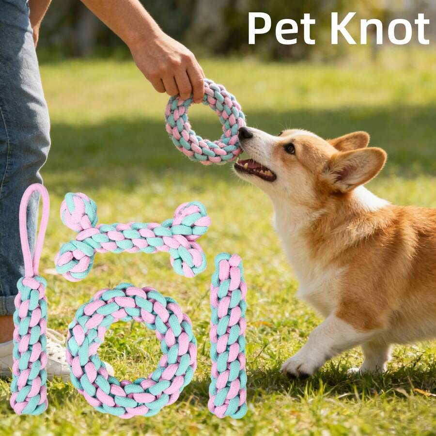 4-Piece Plaid Pet Doll Set: Chew-Resistant Rope Toys Including Bone, Ring, Braided Stick For Dental Care, Stress Relief And Interactive Play. , Handmade Pet Supplies. - Multicolor - View 1