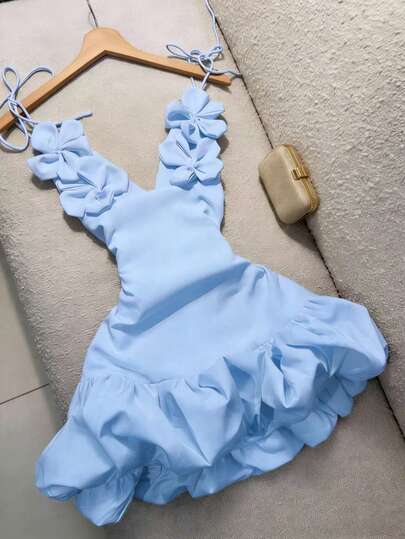 Vestido de cóctel para fiesta de San Valentín, falda abullonada, vestido mini elegante con tirantes de flores 3D